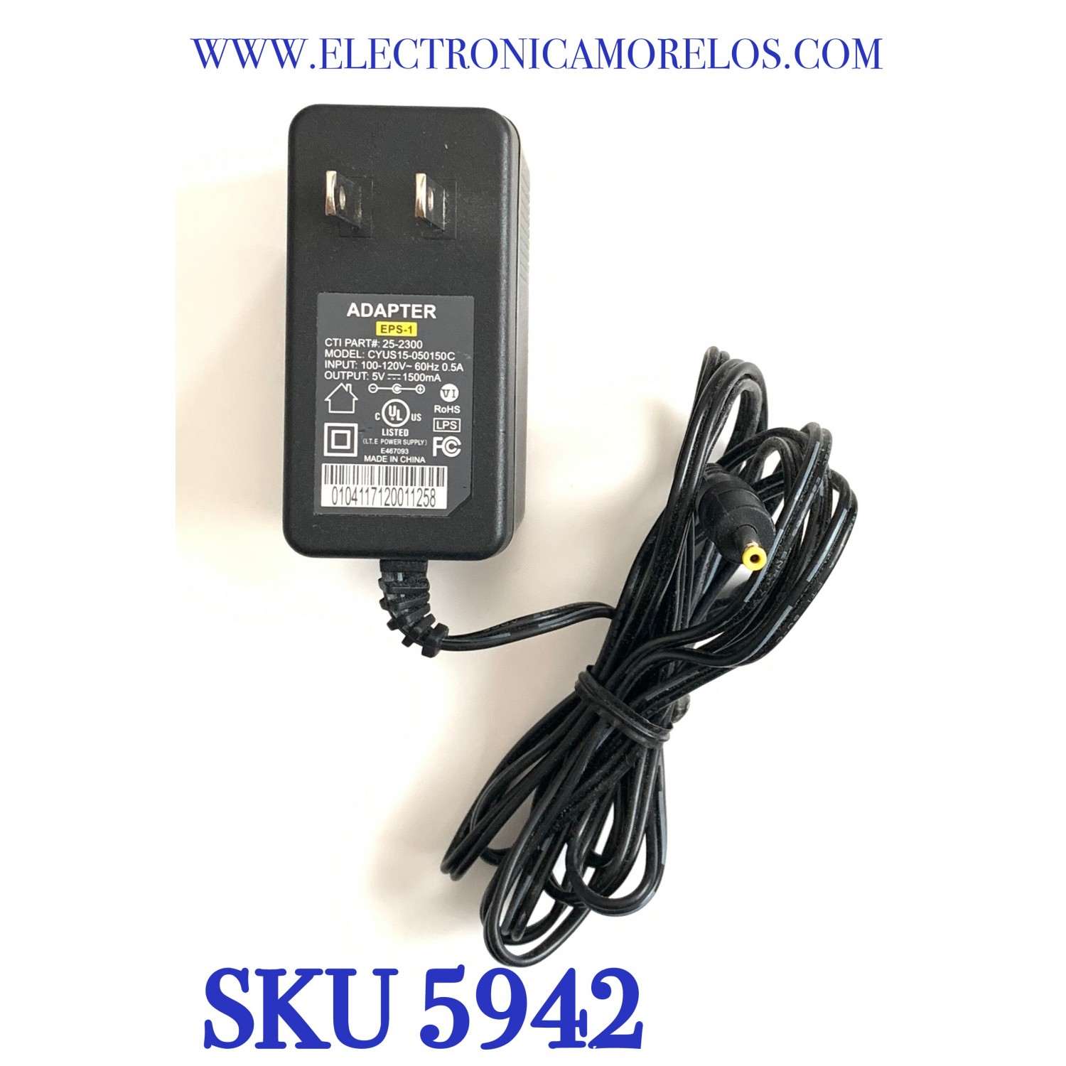 CARGADOR / ADAPTADOR DE FUENTE DE ALIMENTACION COMCAST VCA-VCD / NUMERO DE PARTE 25-300 / ENTRADA VCA 100-120V~60HZ 0.5A / SALIDA VCD 5V 1500MA / MODELO CYUS15-050150C